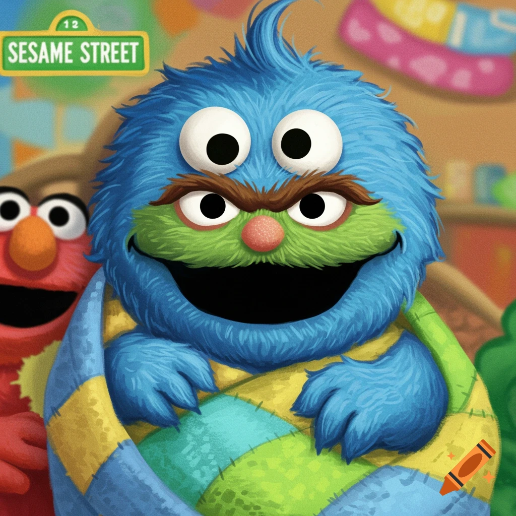 A blue furry monster with four eyes and a mustache smiles, with Elmo partially visible behind it and a "Sesame Street" sign above.