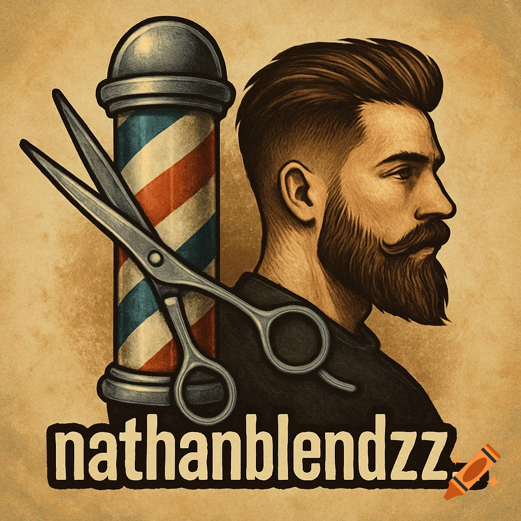 Stylized illustration of a bearded man's profile next to a barber pole and scissors, with 'nathanblendzz_' text.