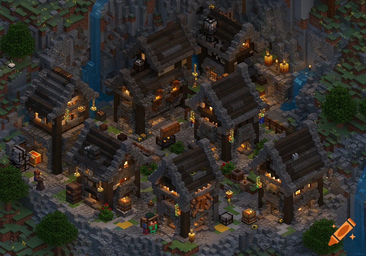 An isometric view of a blocky, Minecraft-style dwarven village built into a mountainside, featuring stone buildings, glowing windows, and waterfalls.