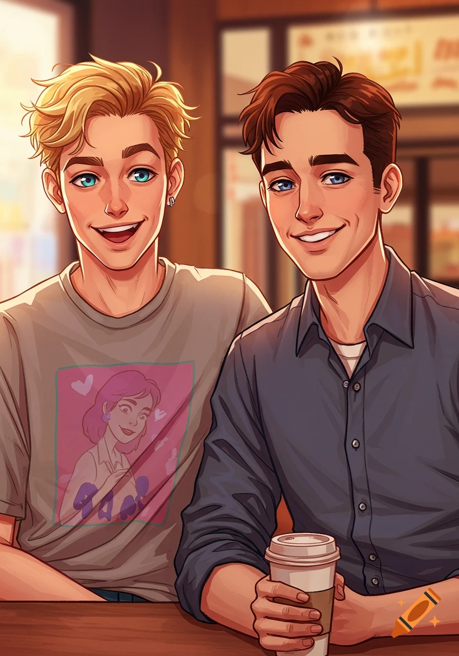 Two smiling young men with blue eyes in a cartoon style, one with blonde hair, the other with brown hair, in a cafe setting.