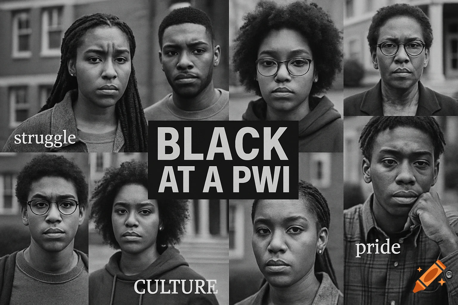 Black and white photo collage of headshots of Black students and teachers with text 'struggle,' 'BLACK AT A PWI,' 'CULTURE,' 'pride.'