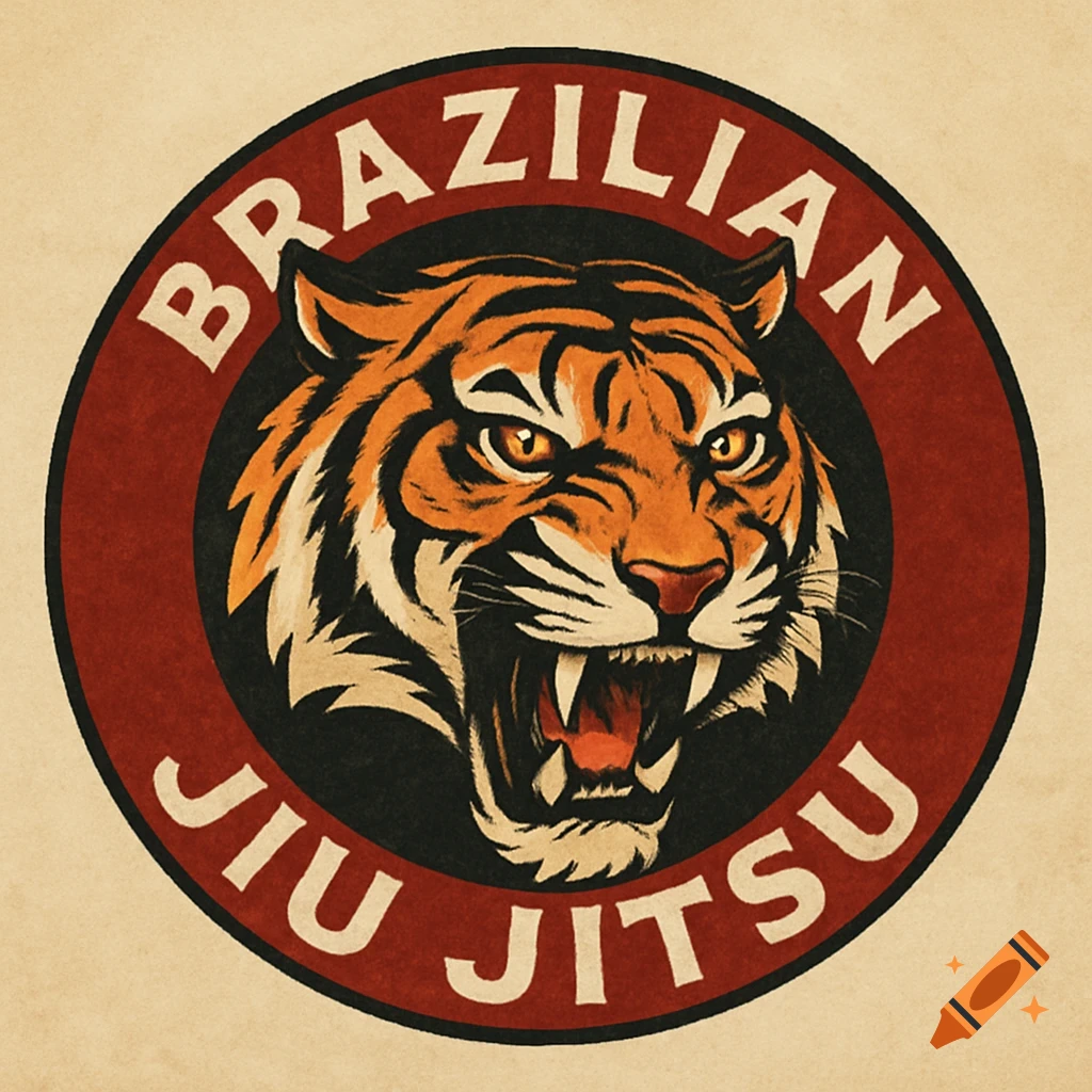 A vintage-style circular logo with a fierce tiger head roaring, encircled by 'BRAZILIAN JIU JITSU' text on a red and black background.