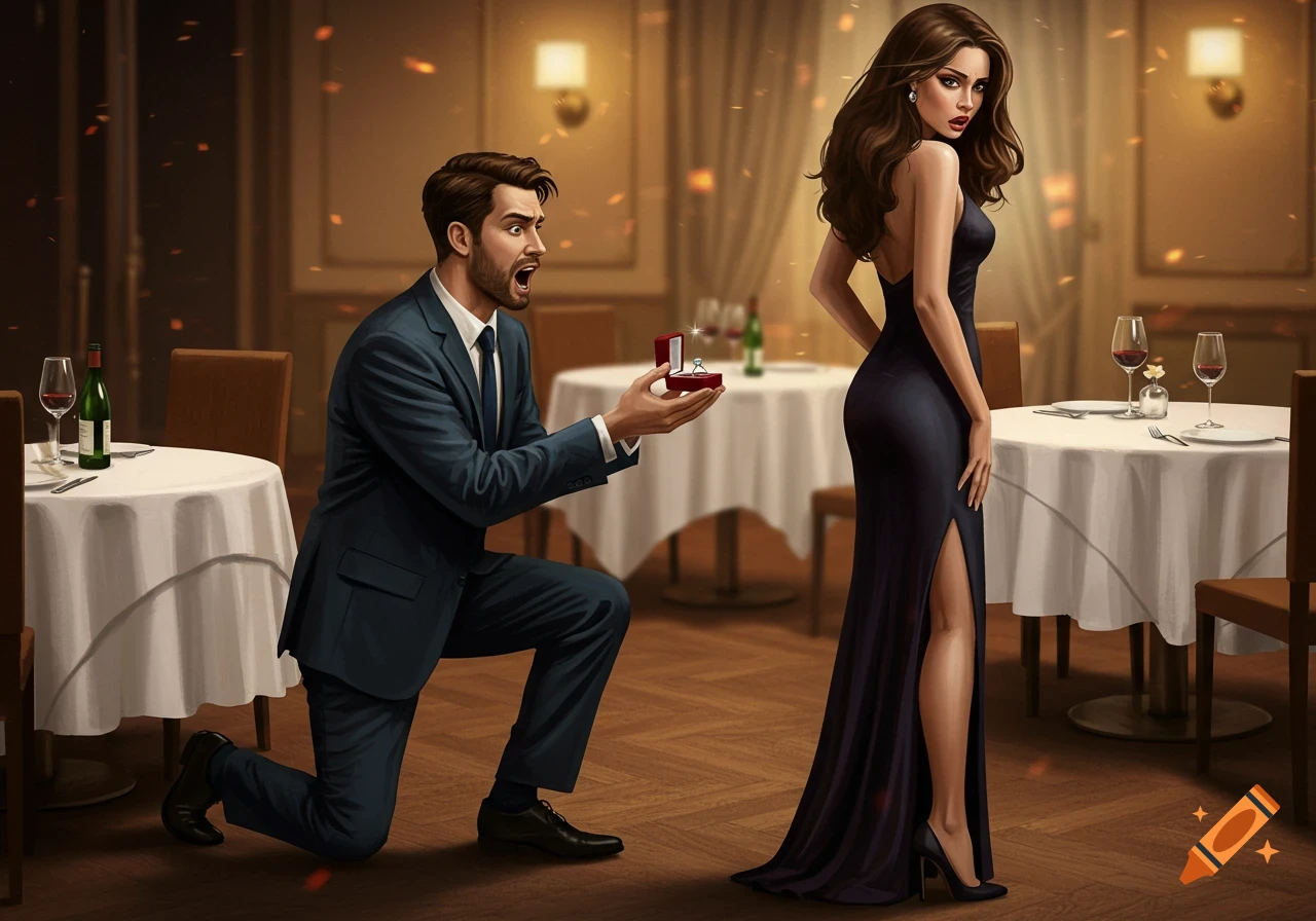 A man kneels with an open ring box, proposing to a woman in a formal dress who turns away in a fancy restaurant, depicted in an illustrative style.