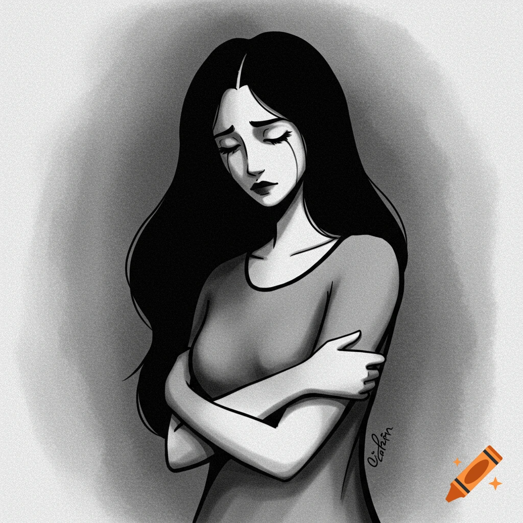 A grayscale illustration of a sad woman with long dark hair, crying and hugging herself.