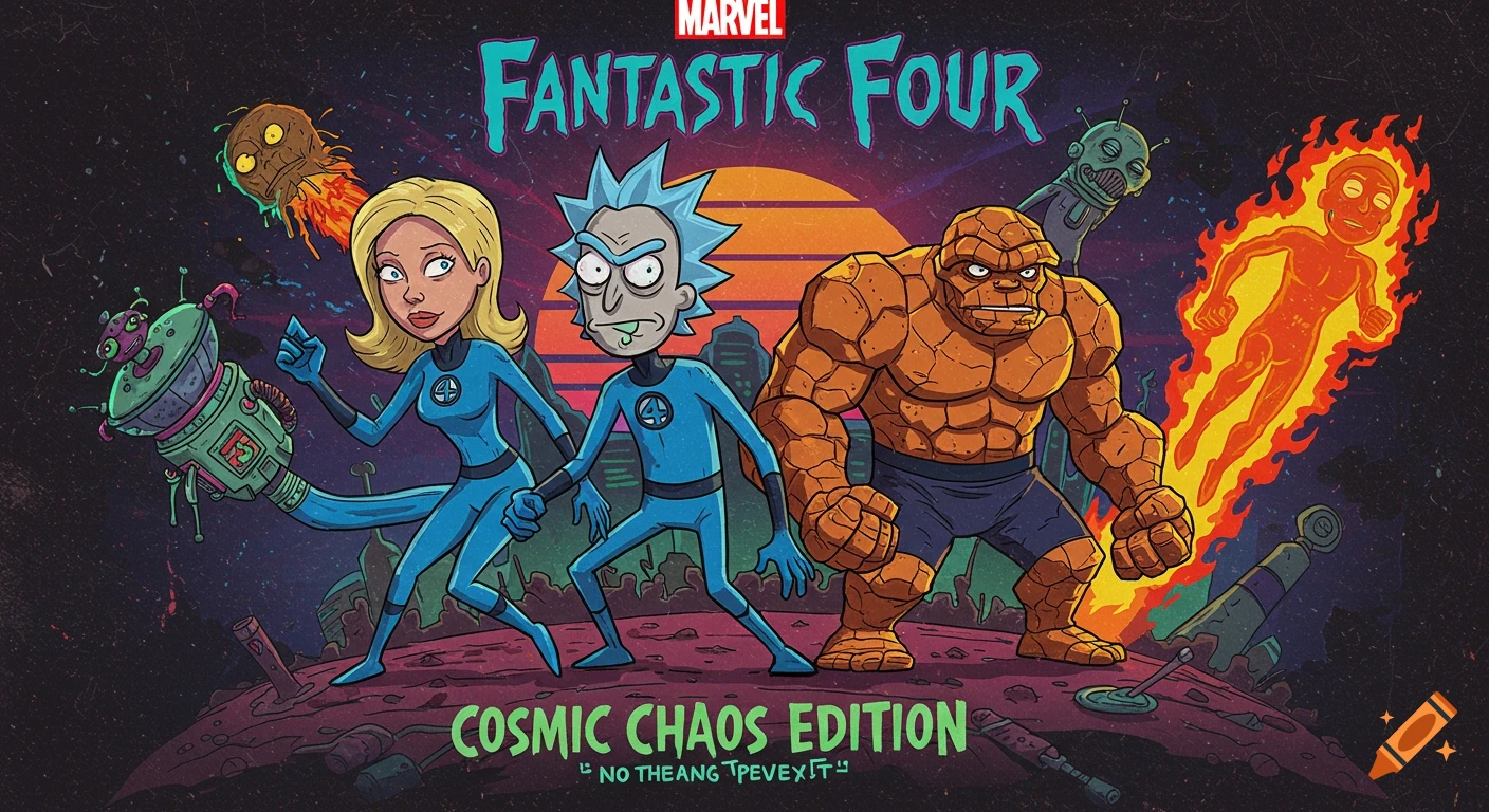 Cartoon crossover poster of Fantastic Four and Rick and Morty characters in a space scene with a retro sunset.