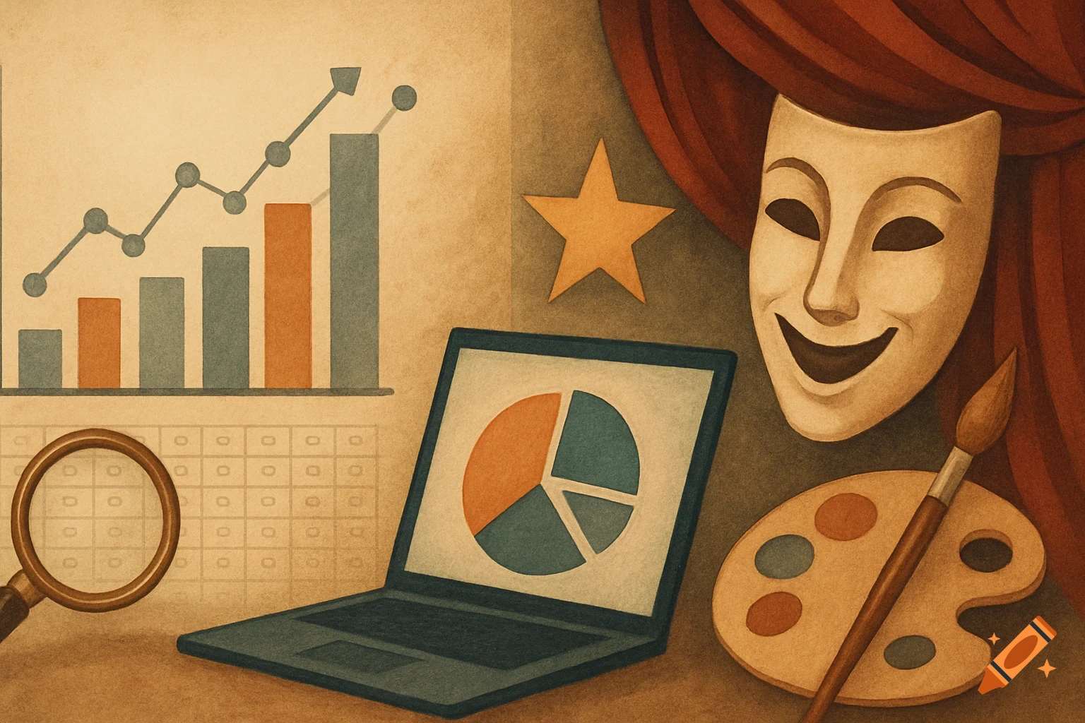 Illustration of a bar chart, laptop with pie chart, magnifying glass, smiling theatre mask, paint palette, and paintbrush.