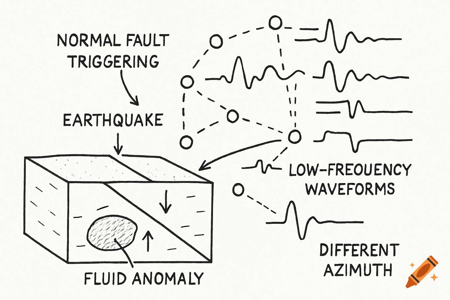 A black and white sketch diagram showing how a normal fault triggers an earthquake due to a fluid anomaly and recorded waveforms.