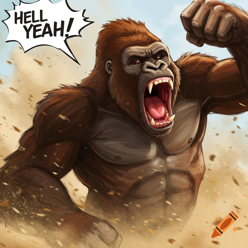 Muscular brown gorilla roaring with a raised fist, dust flying around, with a speech bubble saying 'HELL YEAH!'. Cartoon style.