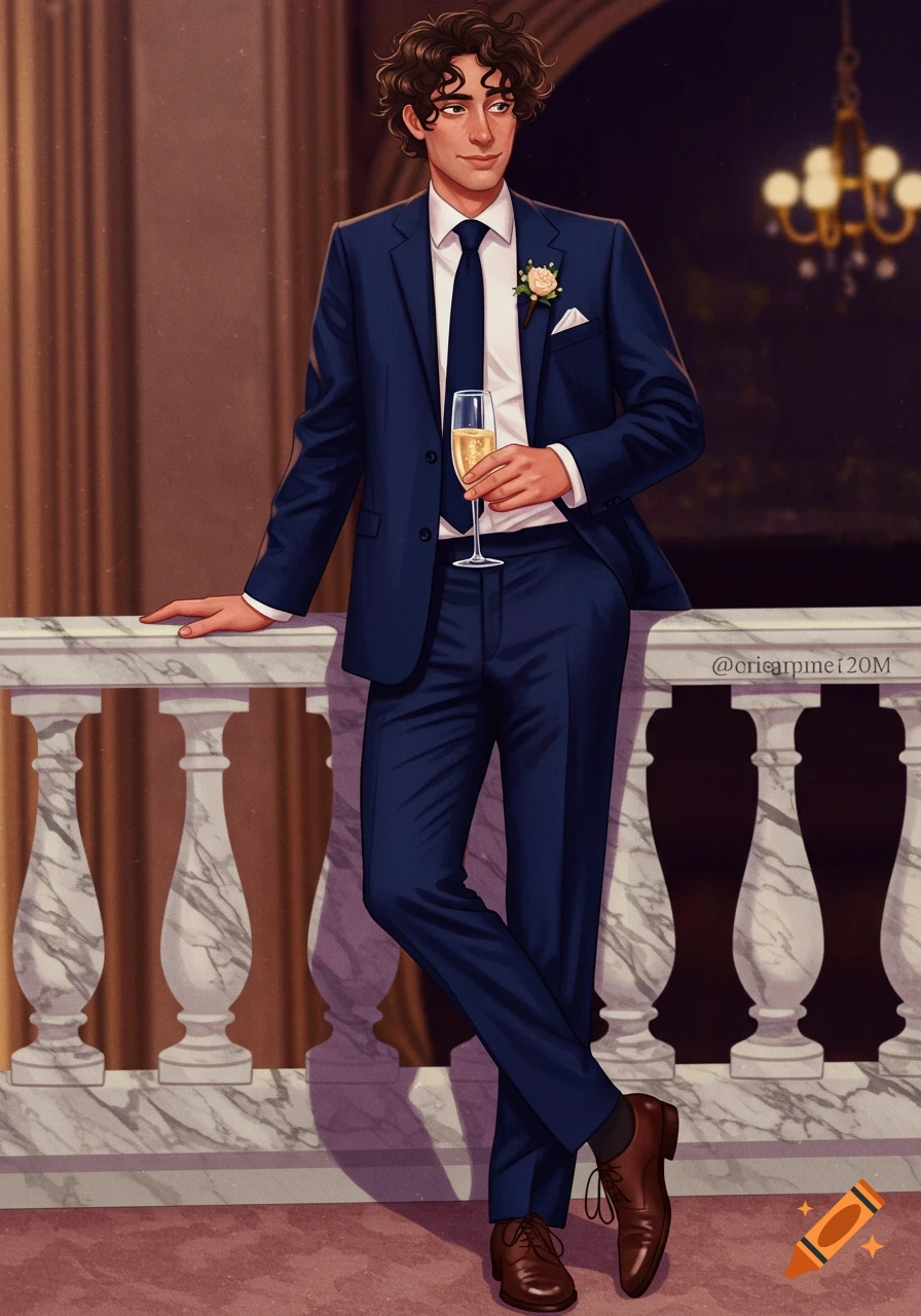A stylish man with dark curly hair in a navy blue suit holds a drink, leaning on a marble railing in a formal setting. Digital art.