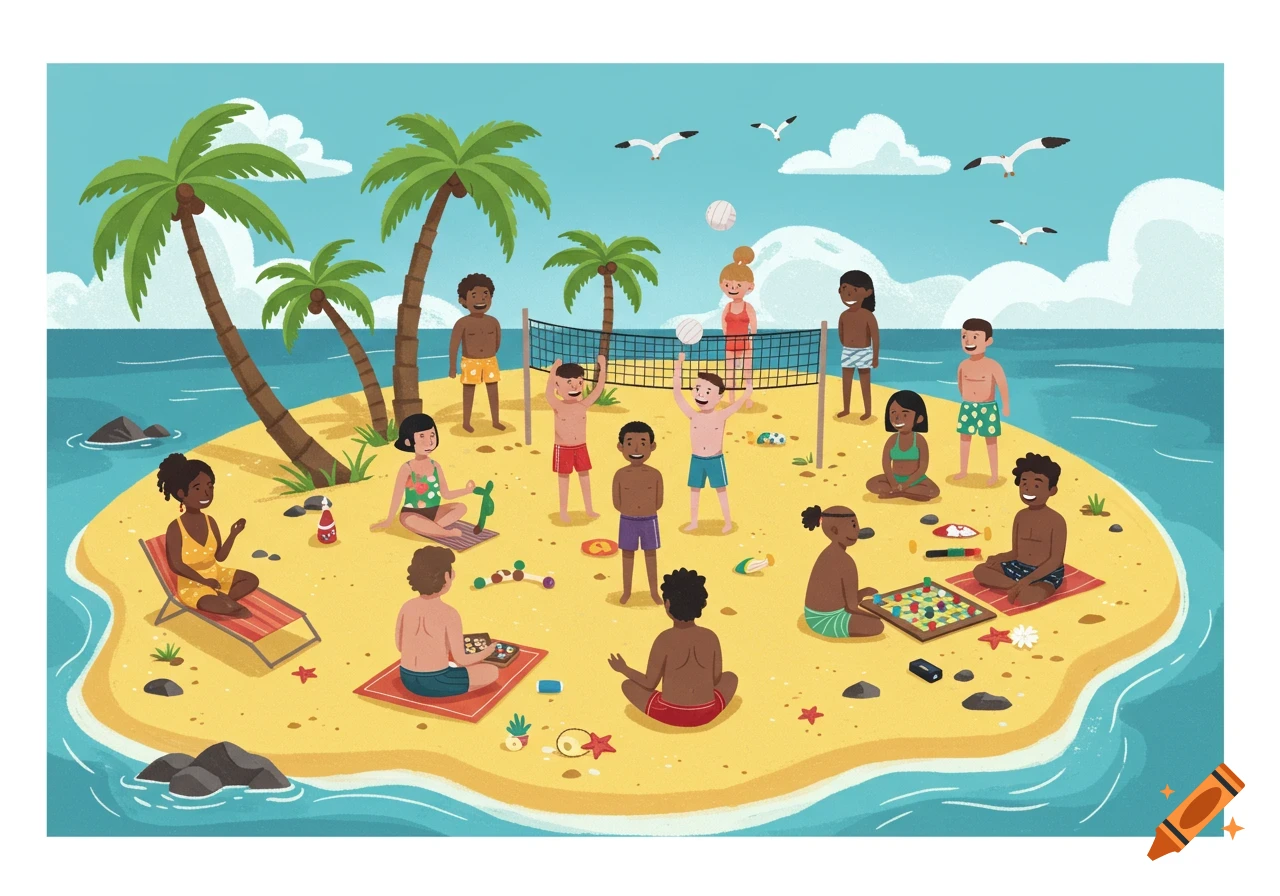 A colorful clip art illustration of people on a tropical island beach playing volleyball, meditating, and board games.