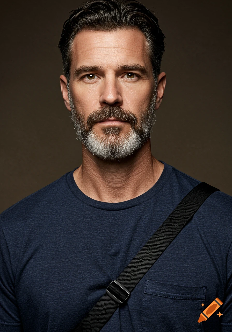 A close-up, photorealistic portrait of a middle-aged man with dark hair, a salt-and-pepper beard, and a blue t-shirt.