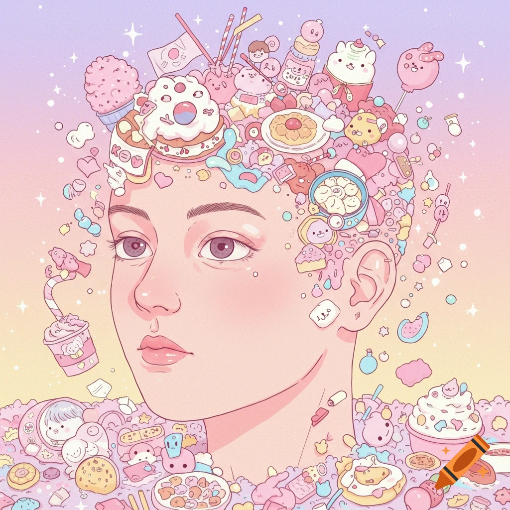 A pastel illustration of a person's head filled with cute food items and characters, depicting a 'brainrot' concept against a gradient background.