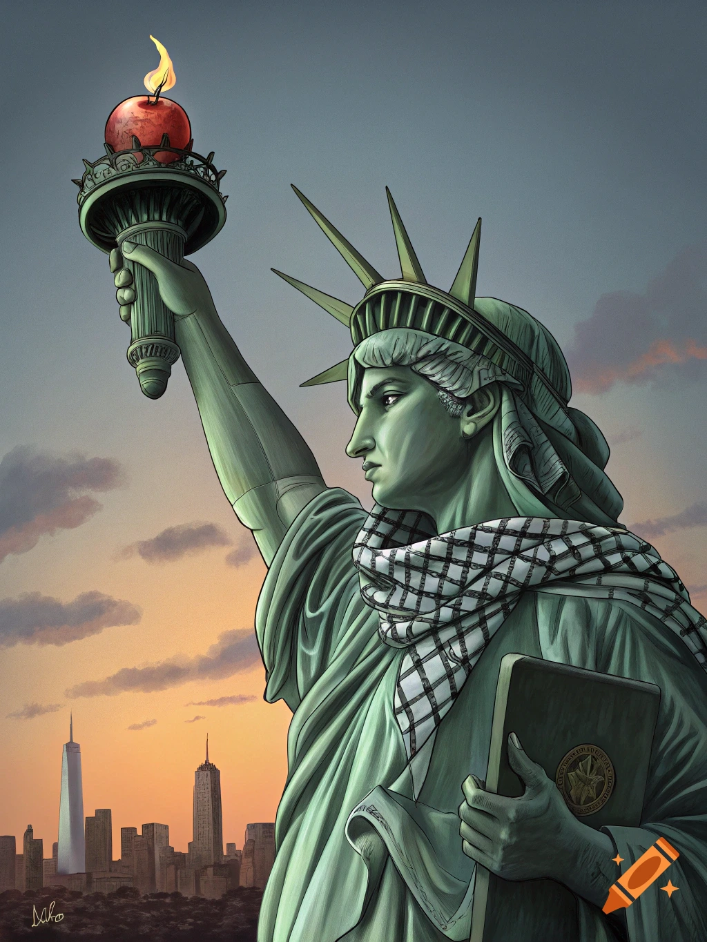 Illustration of the Statue of Liberty wearing a keffiyeh, holding an apple that is a bomb, against a sunset cityscape.