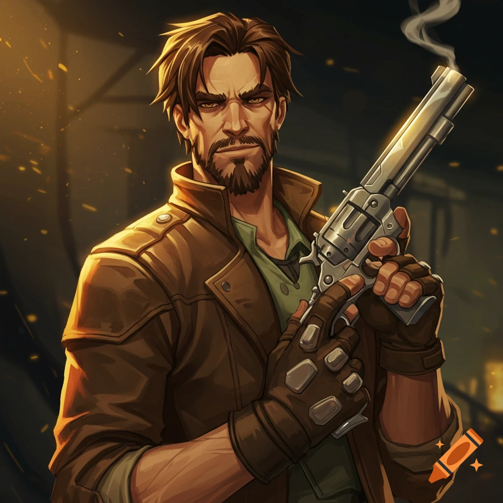 Stylized illustration of a man with a beard and a brown jacket, holding a smoking silver revolver.