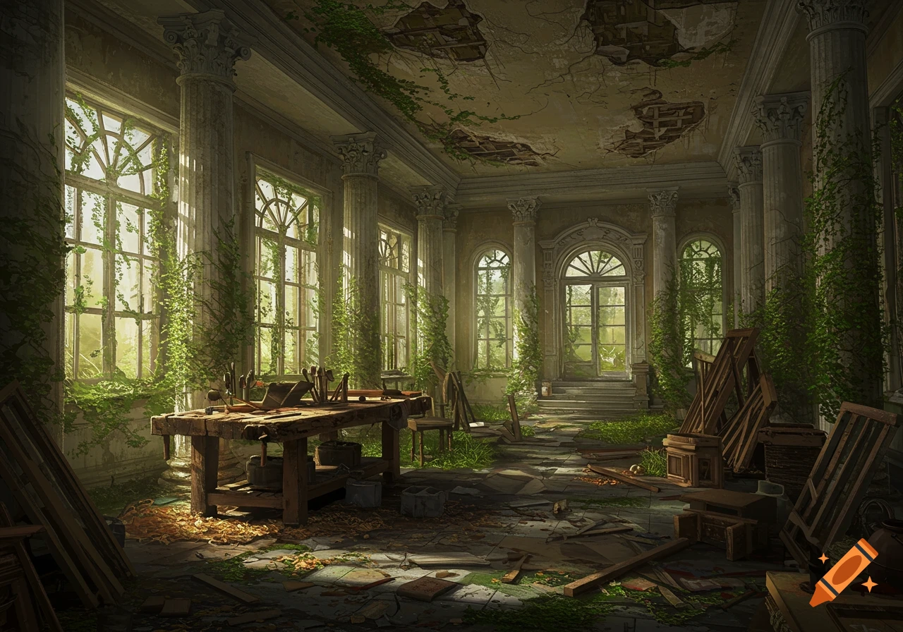 A grand, abandoned mansion interior with crumbling columns, large windows overgrown with vines, and a dusty carpenter's workshop.