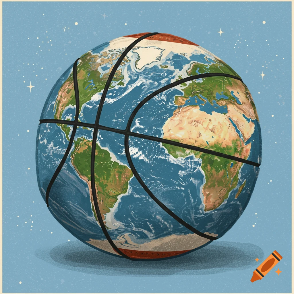 Illustrated globe of Earth with basketball lines on a blue background with stars.