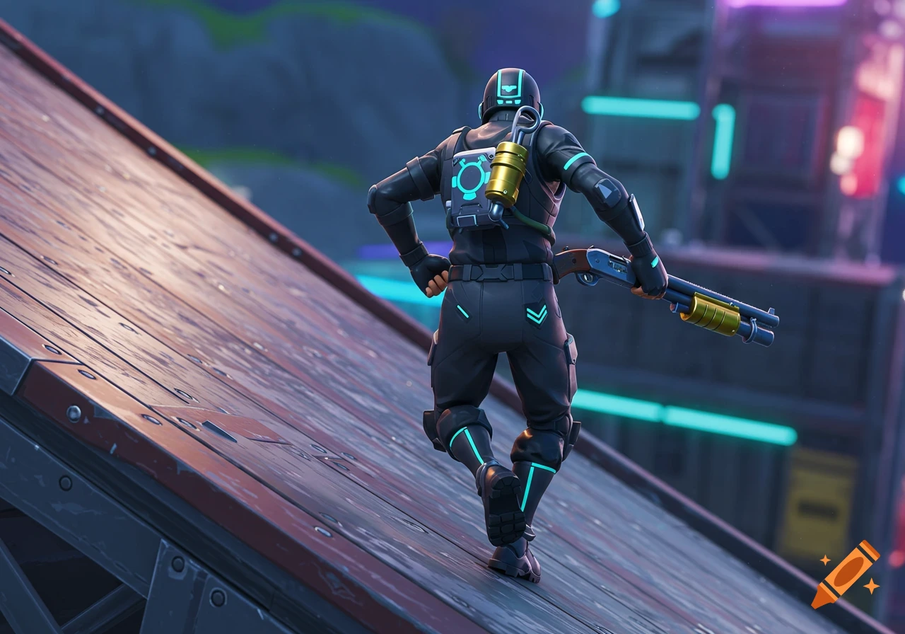 A Fortnite character in a black suit with glowing blue accents runs up a wooden ramp, holding a pump shotgun.