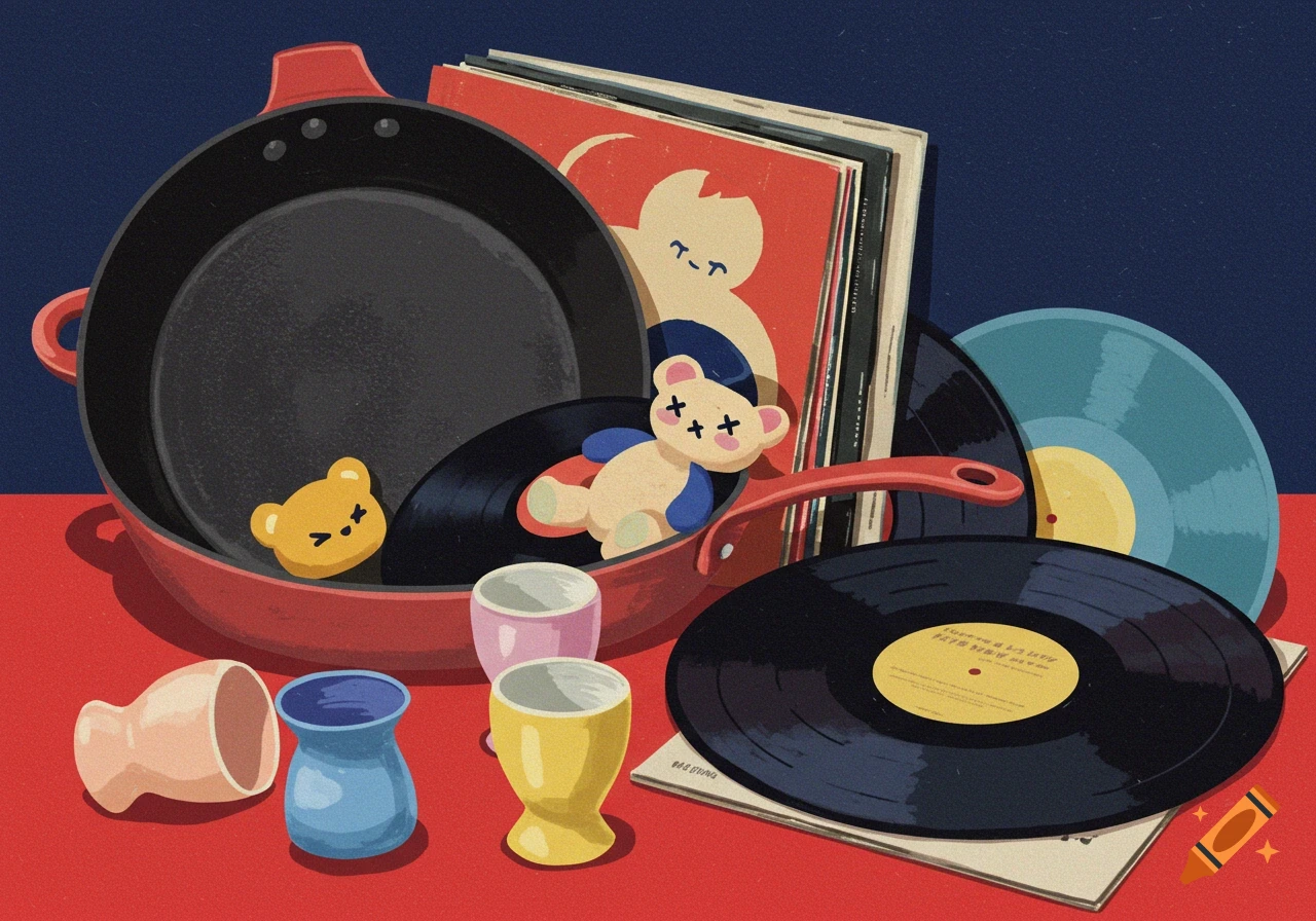 An illustration of a red frying pan holding a small yellow teddy bear and a black vinyl record, next to a stack of record albums, more vinyl records, and three colorful egg cups.