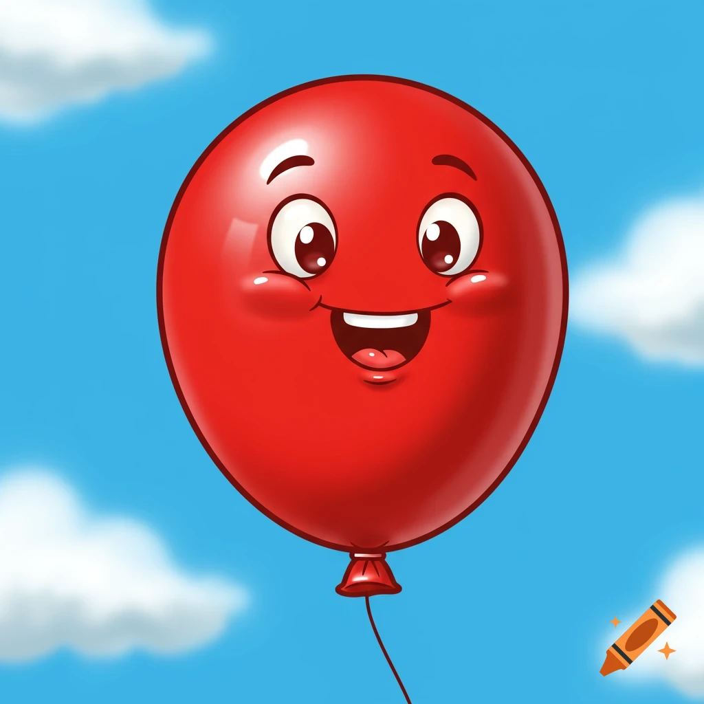 A happy red cartoon balloon floats in a bright blue sky with white clouds.