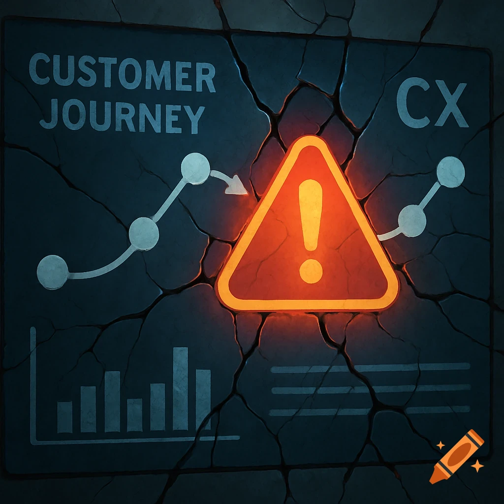 A glowing orange warning sign with an exclamation mark on a cracked dark board, featuring "CUSTOMER JOURNEY" and "CX" text, a line graph, and a bar chart.