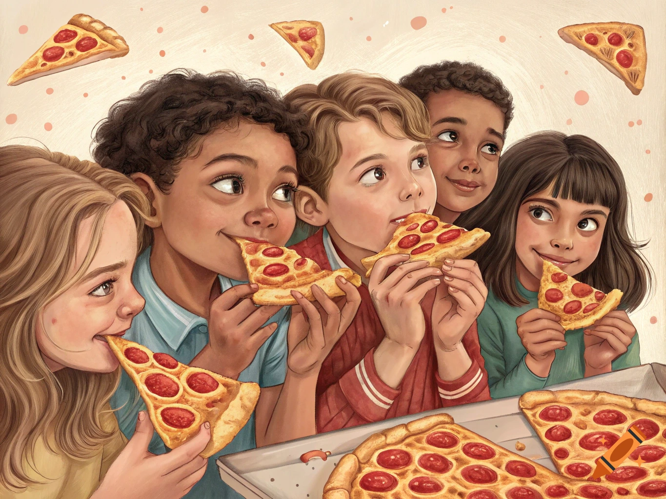An illustration of five diverse children happily eating pizza slices, with more slices floating in the background and a pizza in a box.