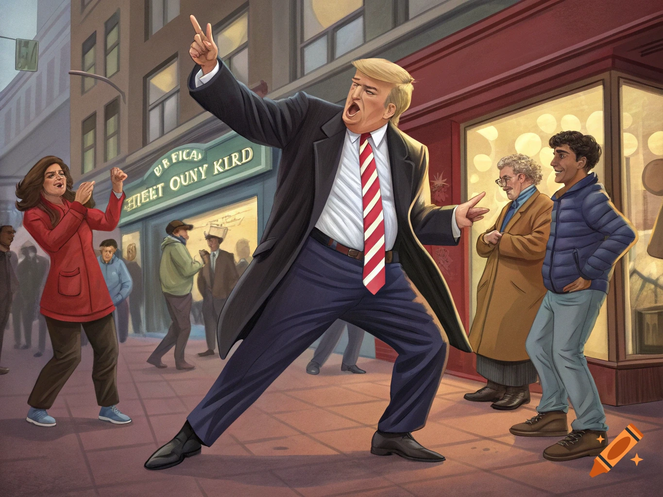 Cartoon illustration of Donald Trump doing the griddy dance on a city sidewalk with onlookers.