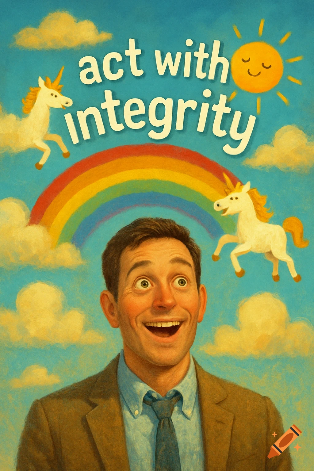 A smiling man looks up at a rainbow with two unicorns, a sun, and the text "act with integrity" in a painterly style.