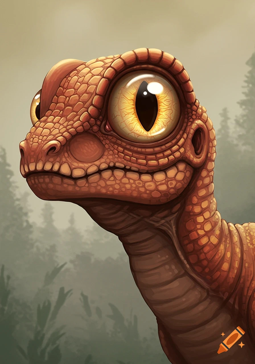 A close-up illustration of a stylized baby dinosaur with large yellow eyes and textured orange-brown skin, set against a blurred green forest background.