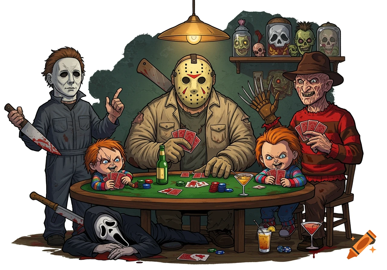 Cartoon illustration of horror villains Michael Myers, Jason Voorhees, Freddy Krueger, and Chucky playing poker, with Ghostface dead on the floor.