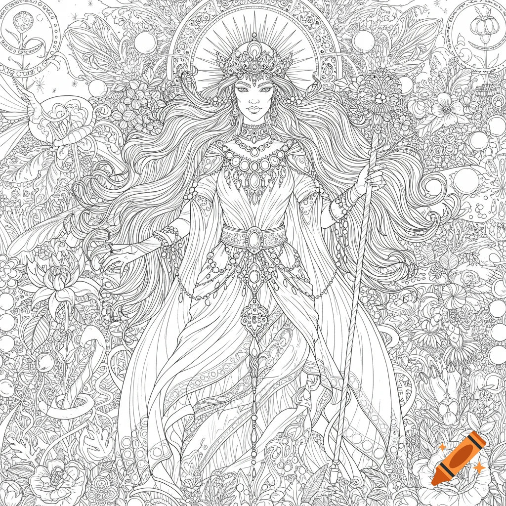 Intricate line art coloring page of a goddess-like woman with long hair, holding a staff, surrounded by detailed floral patterns.