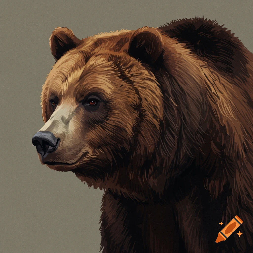 Head and shoulders of a serious brown bear with detailed fur, illustrated against a plain background.