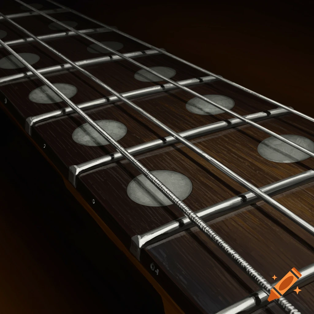 Close-up, realistic shot of a guitar fretboard with strings and circular fret markers.