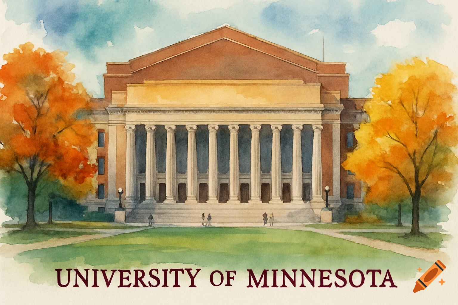 A watercolor painting of the University of Minnesota building, with two large orange trees on either side of a green lawn.