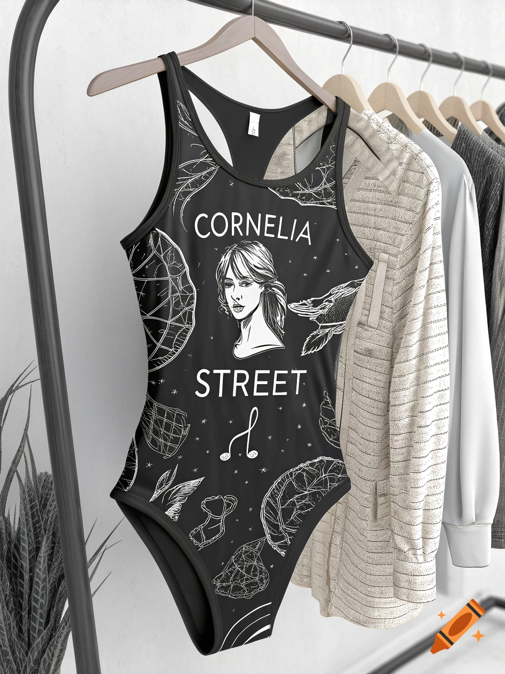 A black bodysuit with 'CORNELIA STREET' text and a woman's illustration hangs on a clothing rack with other garments.