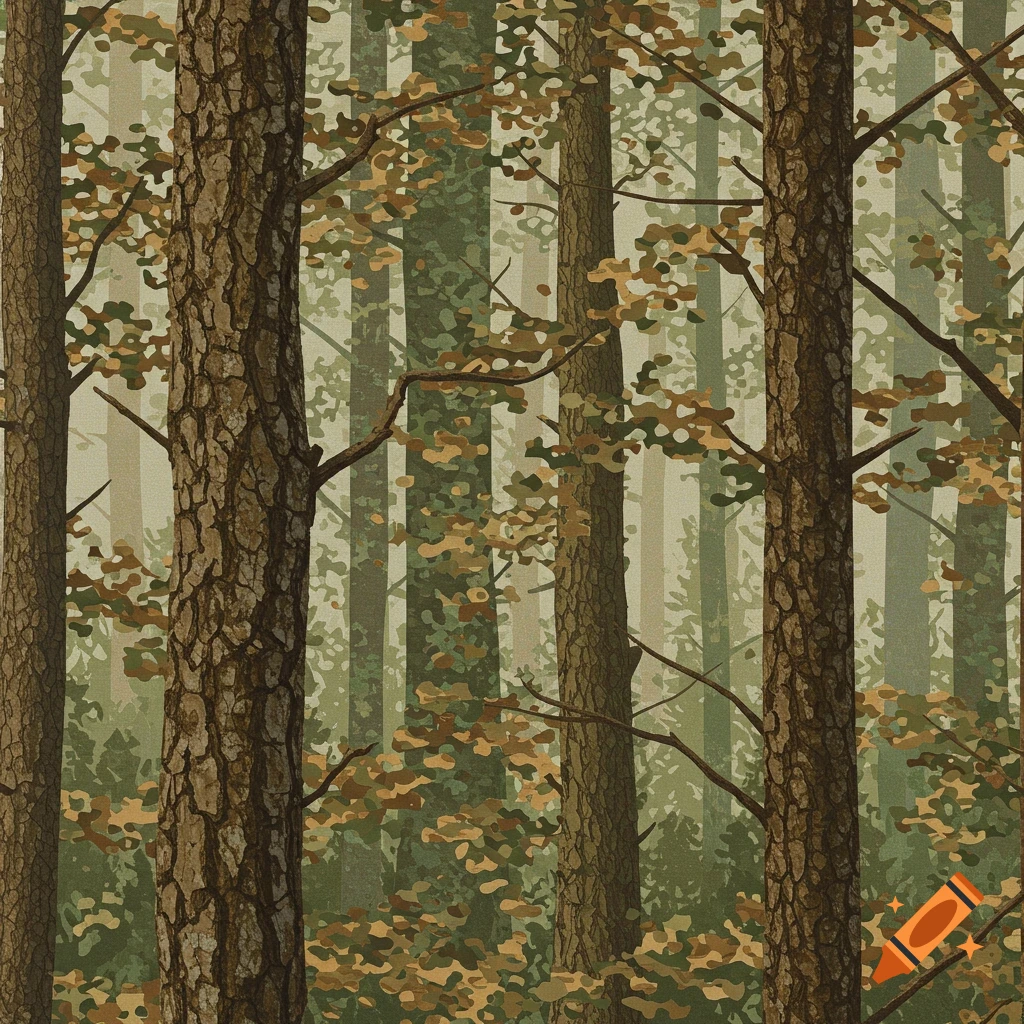 A dense pattern of forest trees with brown trunks and green and gold leaves, resembling a camouflage design.