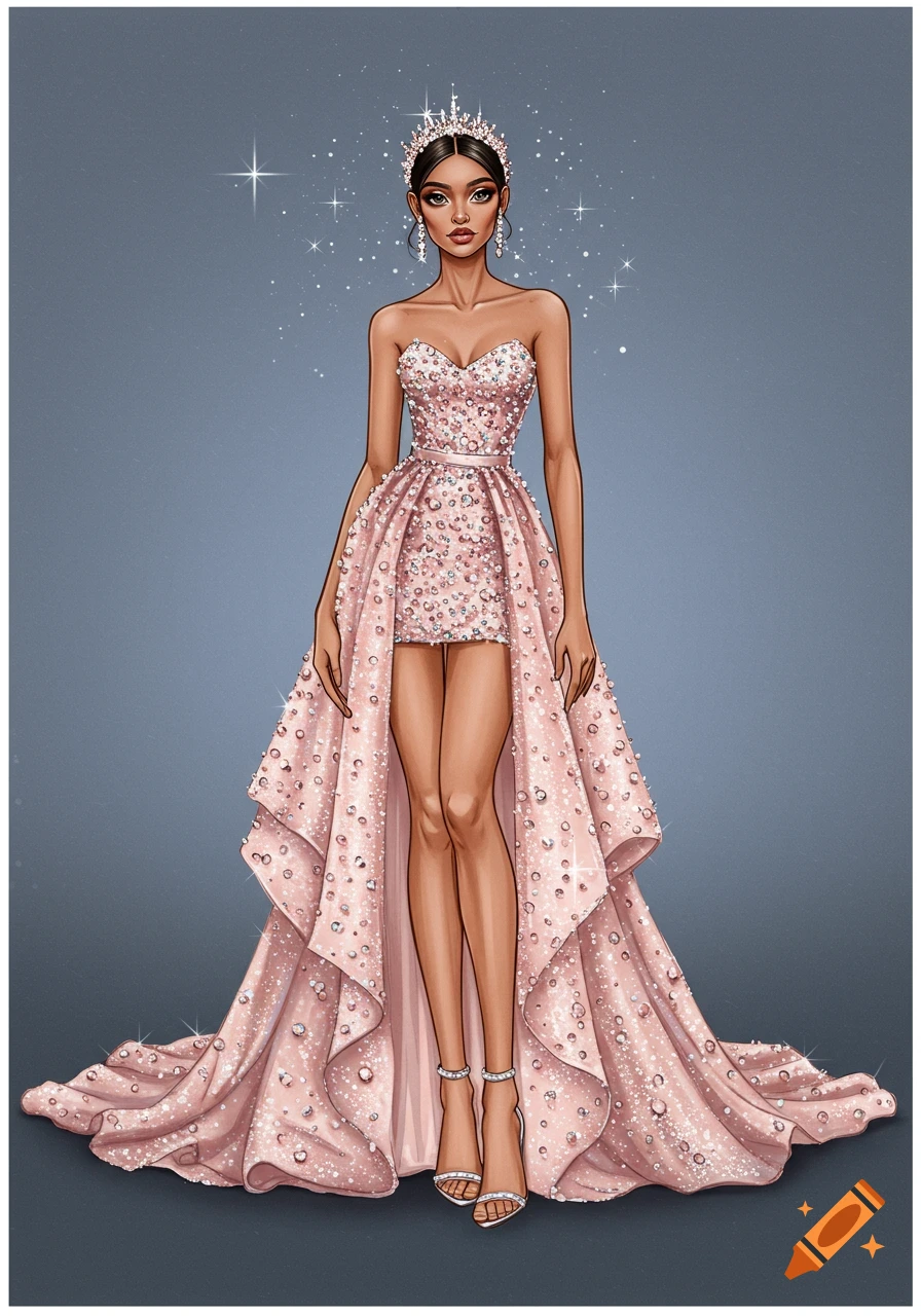 Stylized illustration of a woman in an extravagant, bedazzled, strapless light pink prom dress with a short front and long, flowing back.