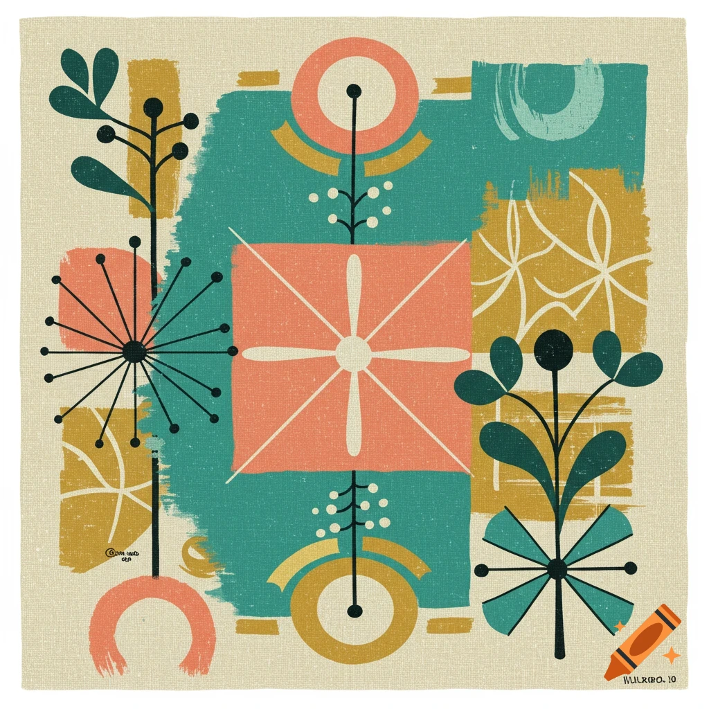 Mid-century modern abstract botanical pattern on a textured background, featuring teal, coral, mustard yellow, and black shapes.