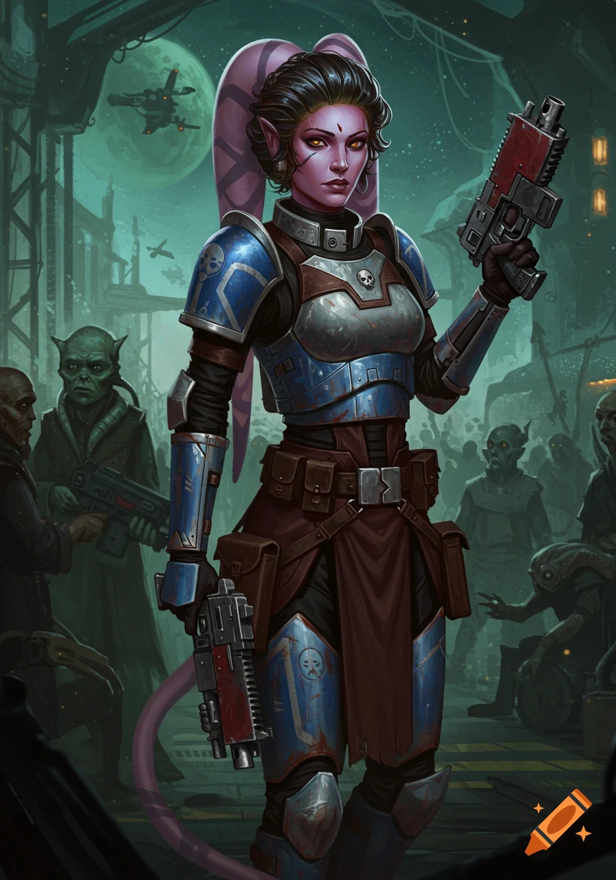 A purple-skinned female alien in blue and silver armor holds two guns, standing amidst other alien figures in a dimly lit, industrial sci-fi setting under a moonlit sky.