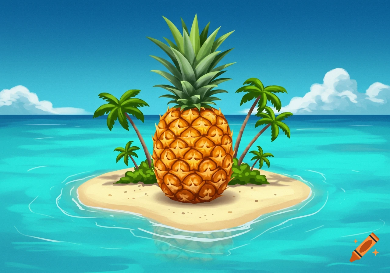 A large cartoon pineapple sits on a small tropical island with palm trees, surrounded by blue ocean water.