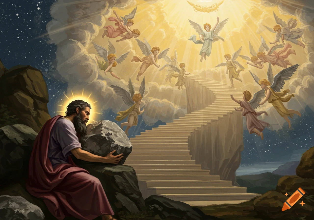 A man with a beard sits on a rock, looking up at a grand staircase extending into the sky, filled with angels ascending and descending under a celestial light.