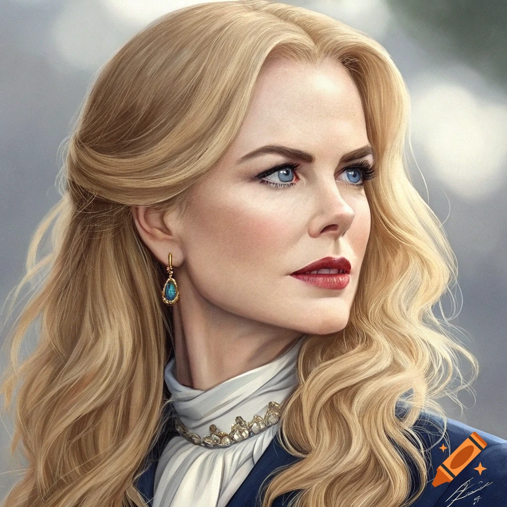 Close-up portrait of a woman with long blonde hair and blue eyes, resembling Nicole Kidman, wearing a white ruffled blouse and blue jacket.