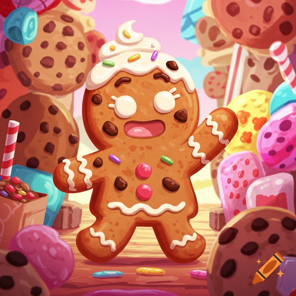 A cartoon gingerbread man smiles amidst giant chocolate chip cookies and colorful candies.
