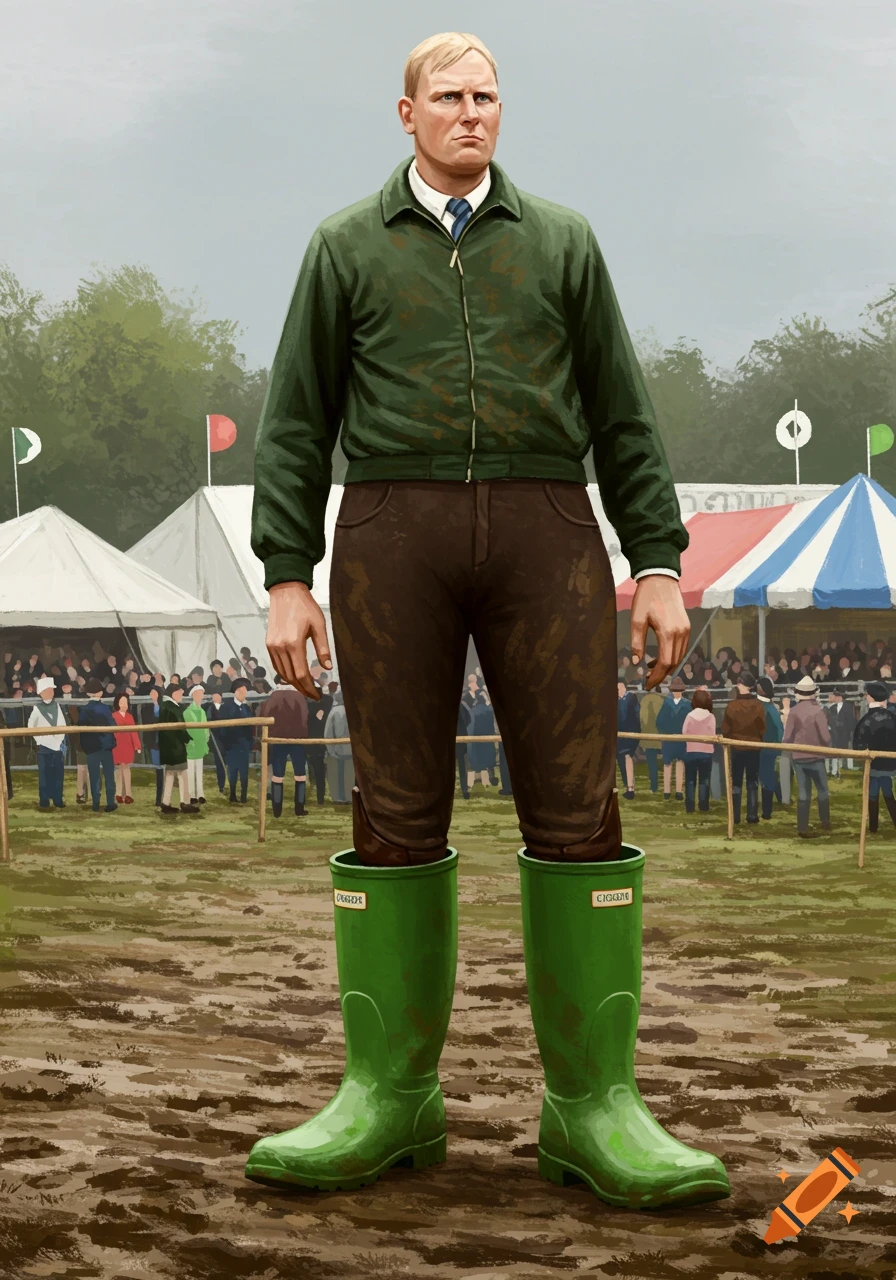 A very tall man wearing a green jacket, brown pants, and large green wellington boots stands in a muddy field at a country show.