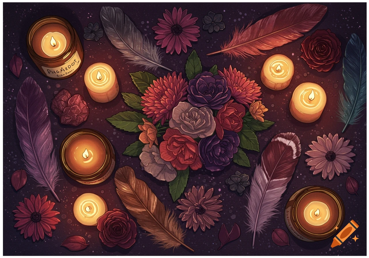 A flat lay of lit candles, colorful feathers, and an assortment of flowers on a dark background, in a witchy style.