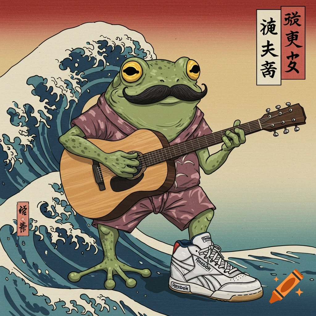 An illustration of a frog with a mustache playing a guitar, standing on a large wave in the style of Hokusai, wearing one Reebok sneaker.