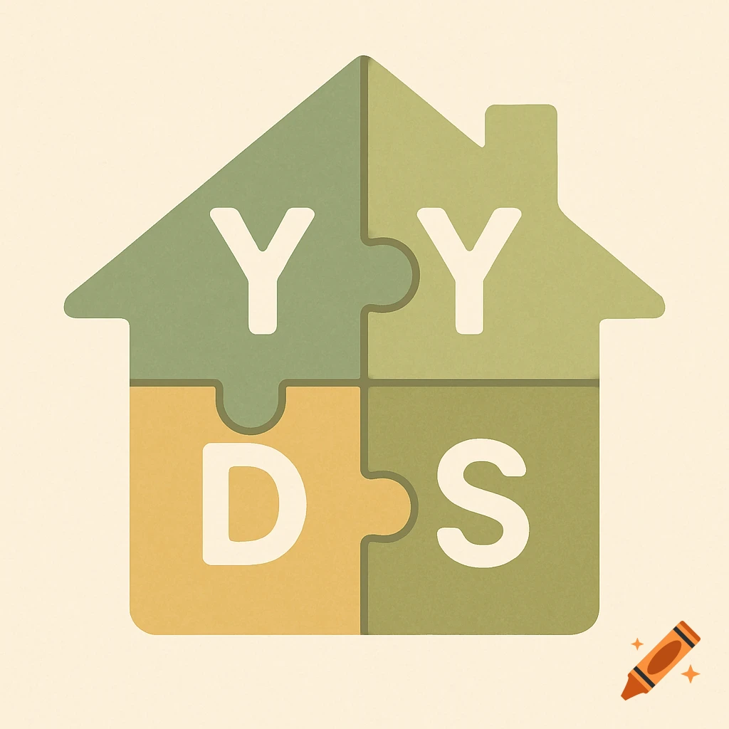 A minimalist house made of four puzzle pieces in warm green and yellow, with white letters Y, Y, D, S.