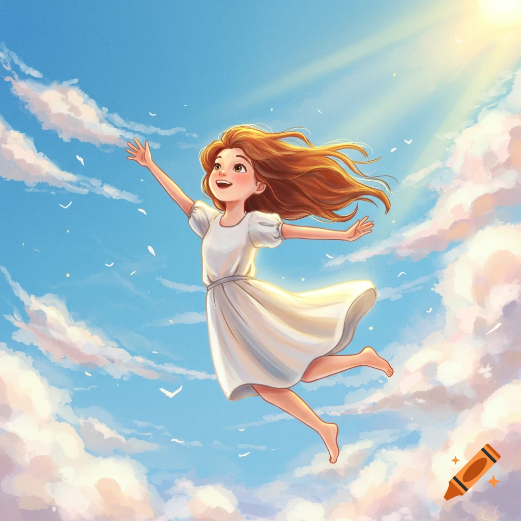 A joyful cartoon girl with long brown hair in a white dress flies through a bright blue sky with white clouds and sunlight.