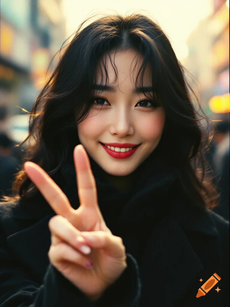 Smiling young Asian woman with dark wavy hair in a black coat, making a peace sign on a bright street with a vintage photorealistic style.
