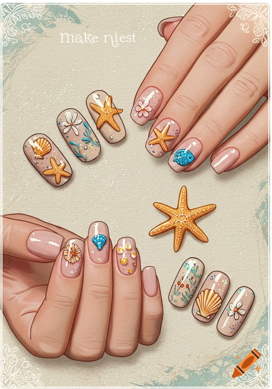 Illustrated image of two hands showcasing various nail art designs, including starfish, seashells, flowers, and a fish on a light textured background.