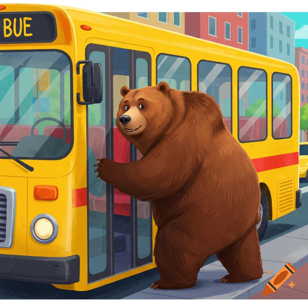 A cartoon brown bear stands on a sidewalk, attempting to board a yellow school bus.